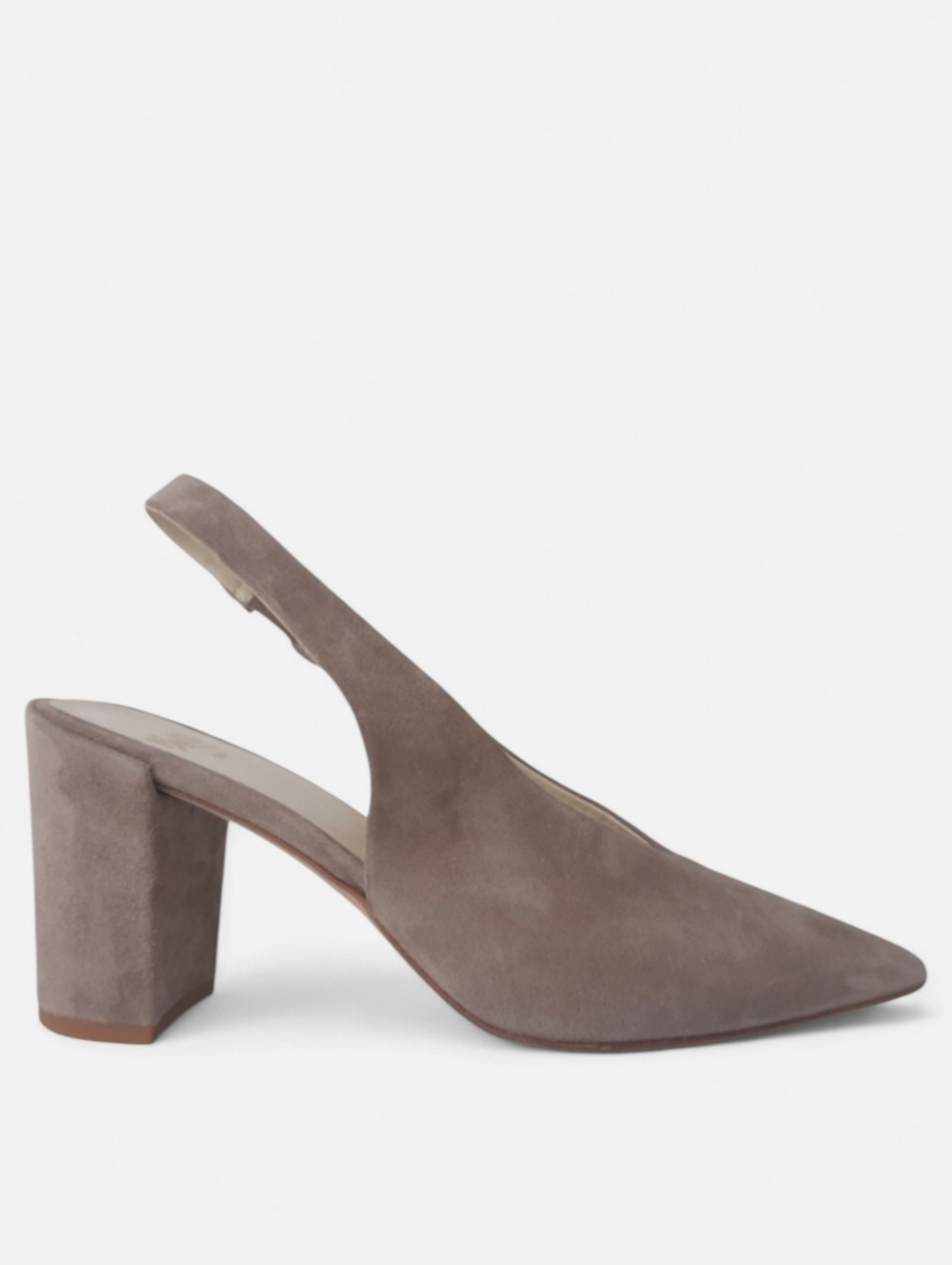 BUTTER Italy Handcrafted Slingback Taupe Suede Block Heel Point Toe Heels Mid